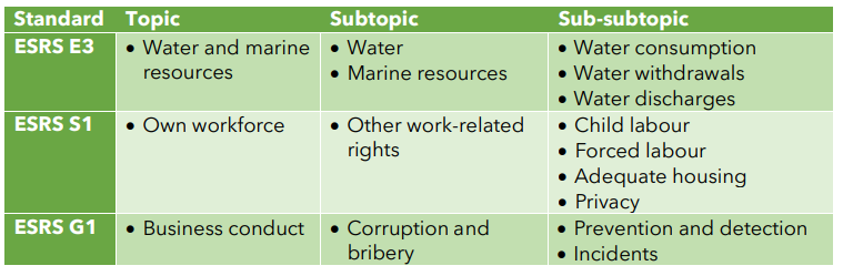 esrs topics, subtopics, subsubtopics